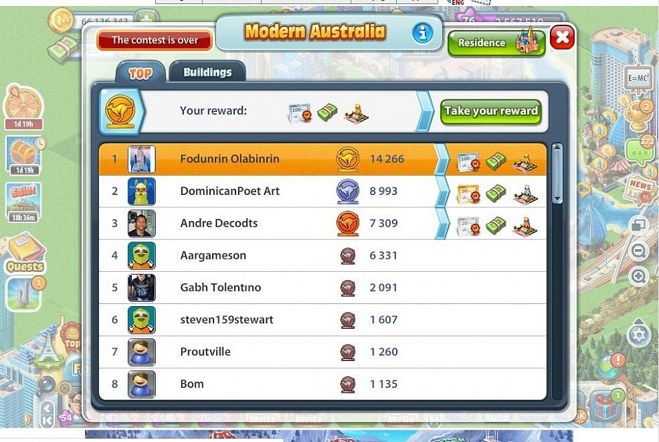 @ Modern Australia -  See here - Final Score, and The Rewards are : * 100 Megabucks, * Building Coupon for 100 Materials, * Gold Koala Statue,. Contest to build, develop, and construct special buildings, infrastructures, and factories. Production of goods and executing delivery orders.. Find complete package on Book of Crypto.